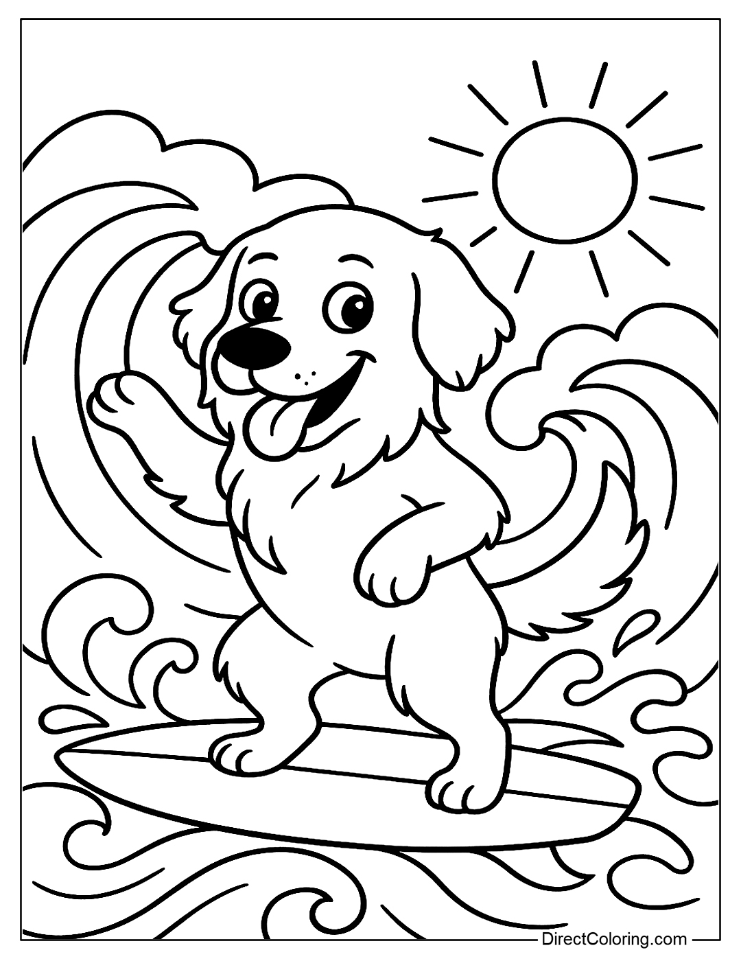 Golden Retriever Surfing Coloring Page